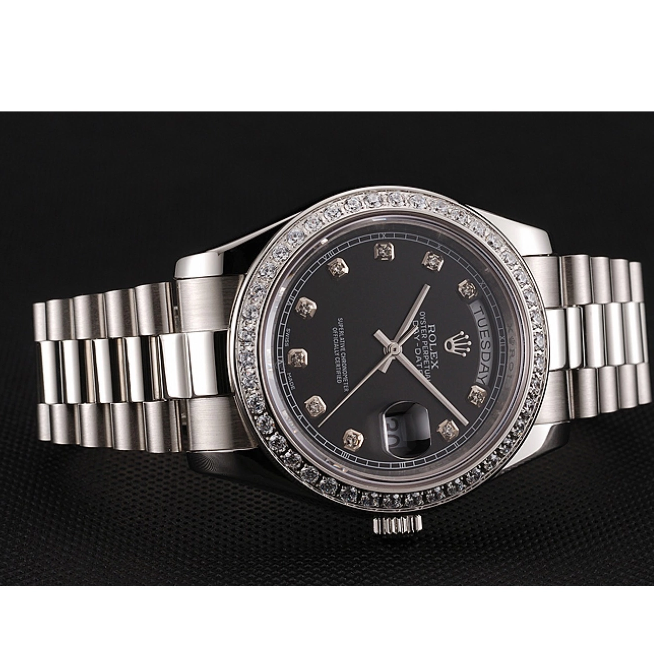 Rolex aaa copy Diamond Case Day-Date Bracelet Diamond Swiss Stainless Rolex Numerals 1453965 Steel Black Dial 0607
